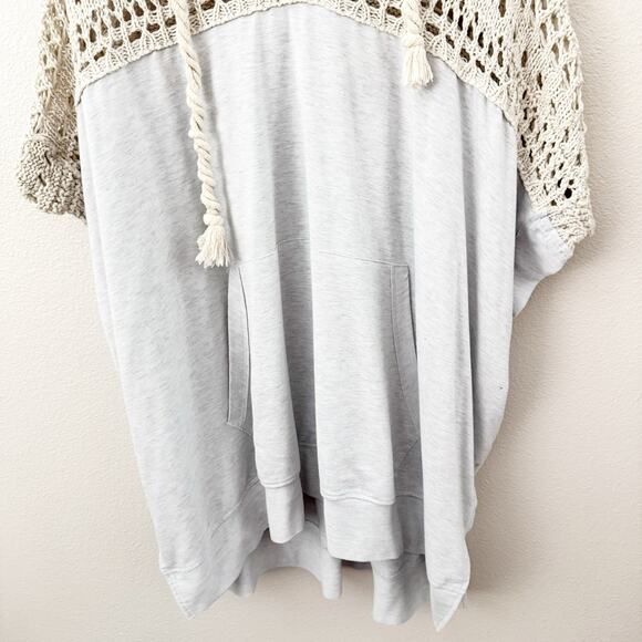 DAVI & DANI | Blue Gray Crochet Cream Slouchy Hoodie Oversized V-Neck | Large - Picture 5 of 10